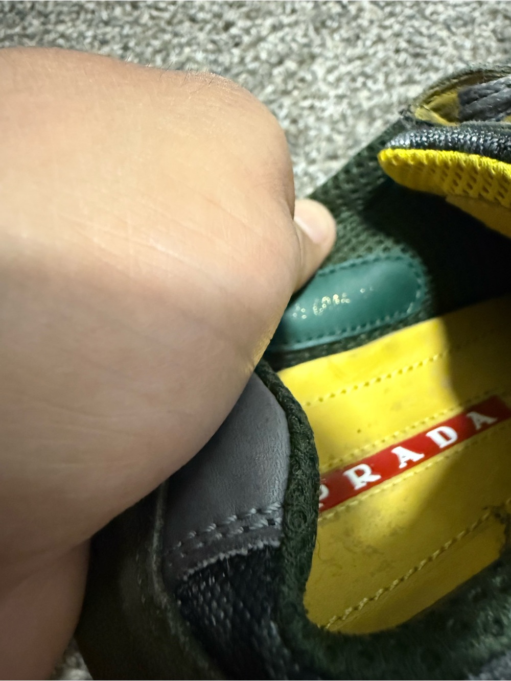 Prada Men’s Camouflage Runner Sneakers in Gray, Olive & Yellow - Picture 8 of 8